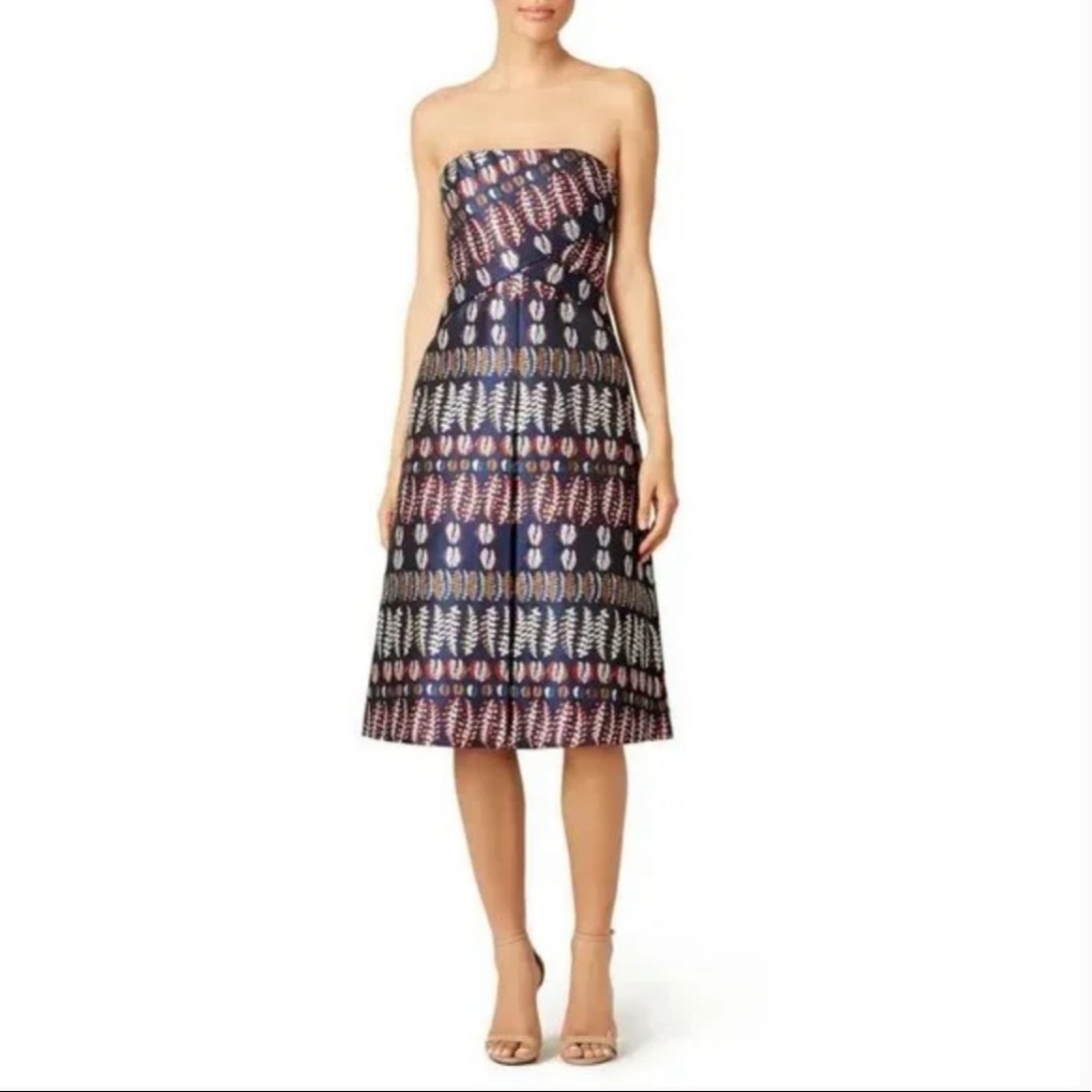 TORY BURCH Strapless Navy Blue Ferns Metallic Jacquard Dress Size 12 NWT